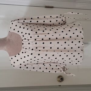 Dress Barn Size S Cream w/ Black Polkadot Bubble Blouse 3/4 Sleeve w/ Ties, EUC